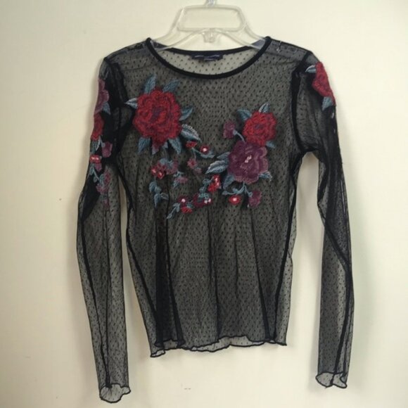 American Eagle AEO Sheer Mesh Flowers Embroidery Rose Stretch Top Shirt Y2K Boho - Picture 13 of 16